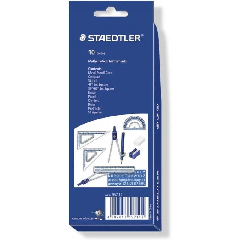 STAEDTLER 10-Piece Math Set with Metal Compass, 6" Ruler & Triangle Squares, 45° & 30/60° Set Squares, Alphabet Stencil Tool