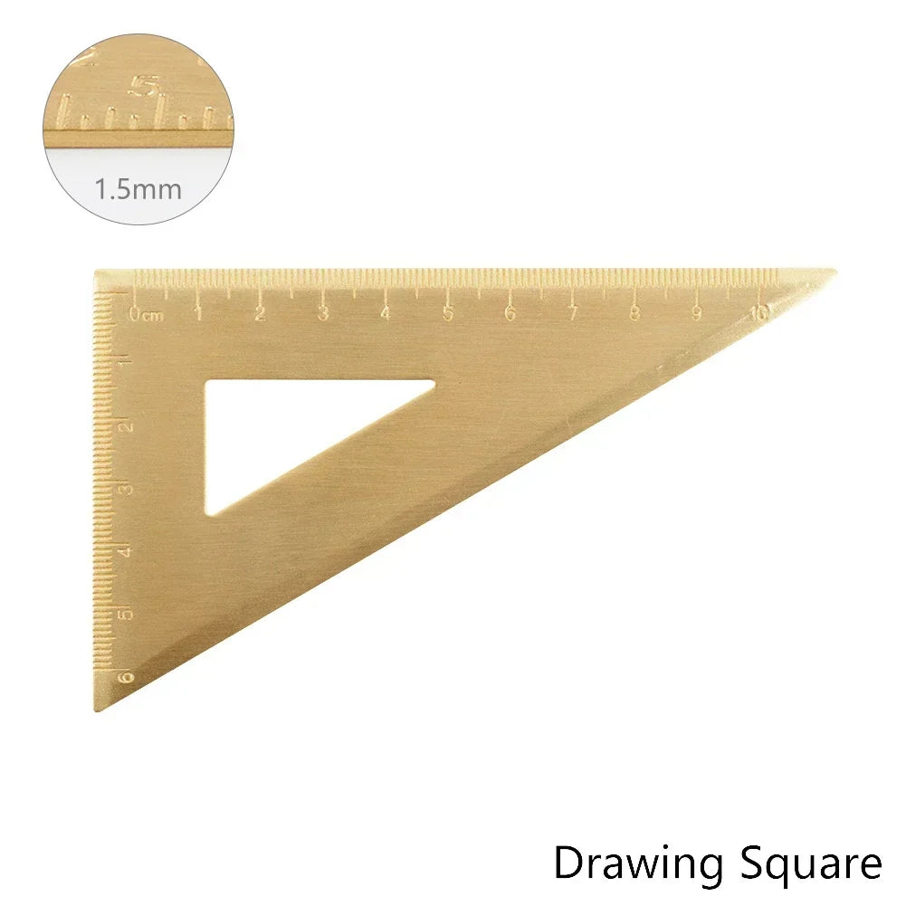 Retro Brass Straight Ruler Student School Office Stationery Metal Triangle Rulers Protractor Painting Drawing Measuring Tools