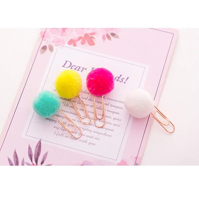 12Pcs/lot Kawaii Small Fresh Colored Hair Ball Paper Clip Decorative Candy Color Creative Bookmark Paper Clip