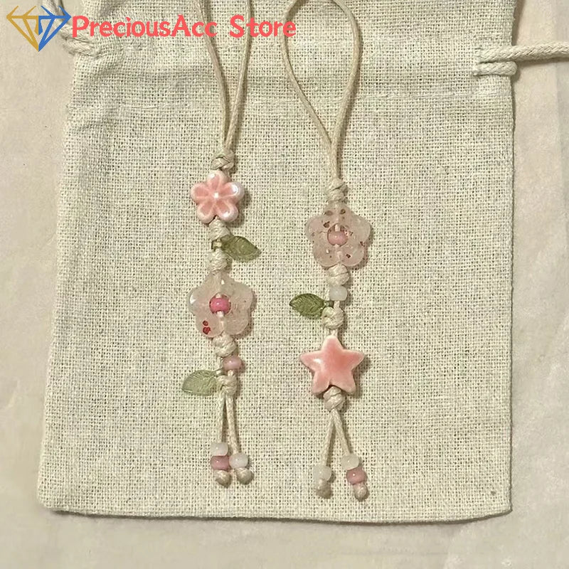 Cute Star Flower Mobile Phone Strap Kawaii Ceramic Beaded Mobile Phone Lanyard Bag Decoration Camera Pendant Fashion Keychain