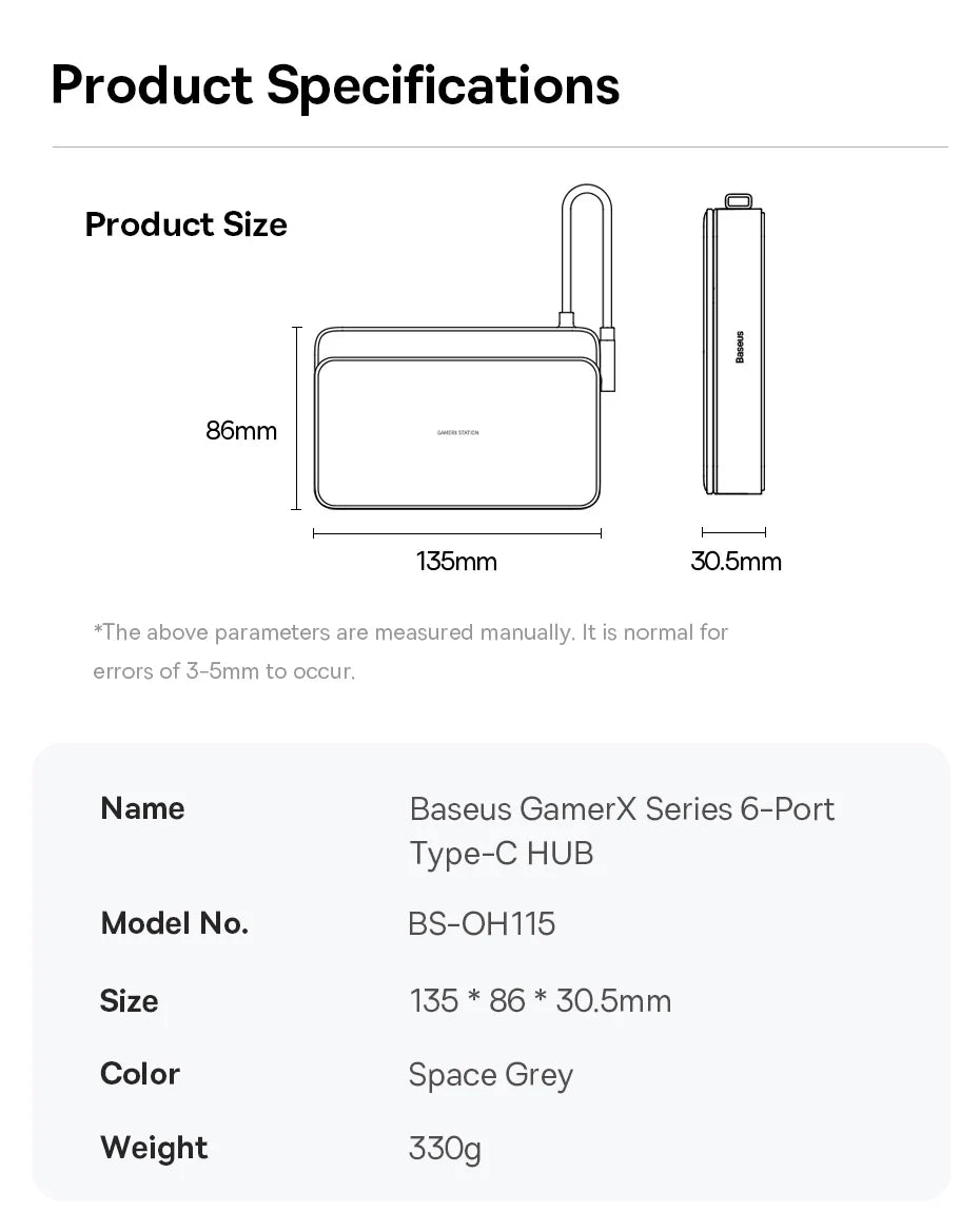 Baseus USB C Docking Station for Steam Deck Nintend Switch Game Type C to HDMI 4K@60Hz RJ45 PD 100W USB 3.0 6-in-1 Type C Hub