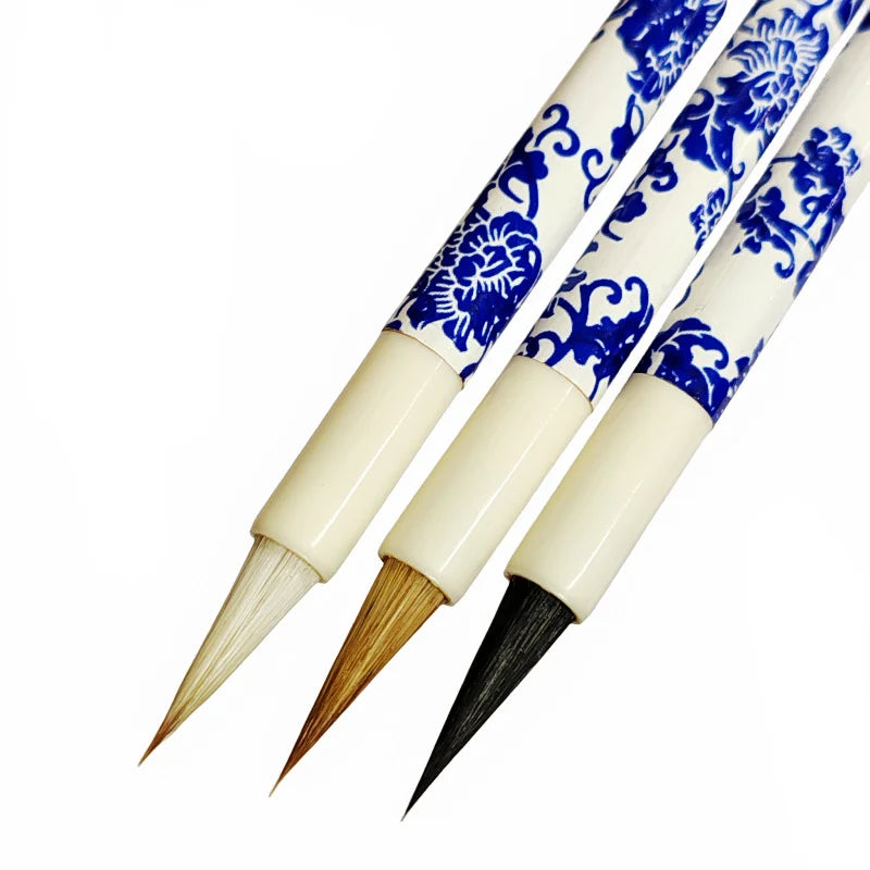 3PCS Chinese Style Calligraphic Brushes Blue and White Porcelain Pen Holder Weasel Wool Hair Writing Brush Xiaokai Kaishu Brush
