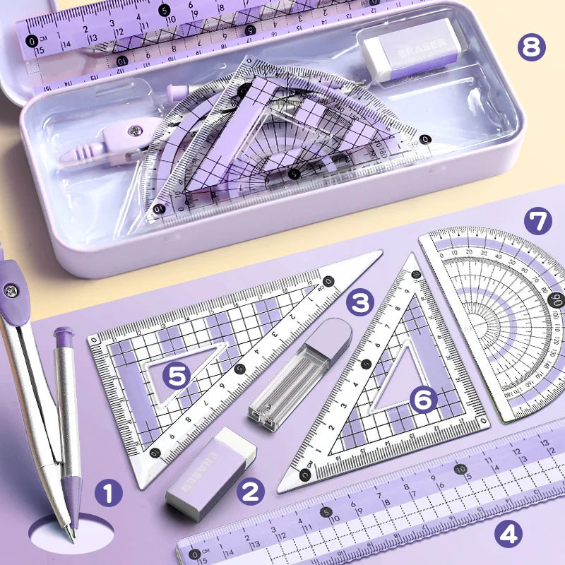 Ruler 8-piece Set Student-specific Compass Measuring Angle Ruler Triangle Ruler Ruler  Full Set of Ruler Stationery Gift Package