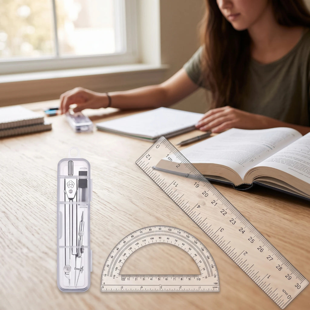 Geometry Tool Kit Clear Geometry Set with Case Compass Set with Case Portable Drawing Tool Kit Compact for Students, Schoolwork