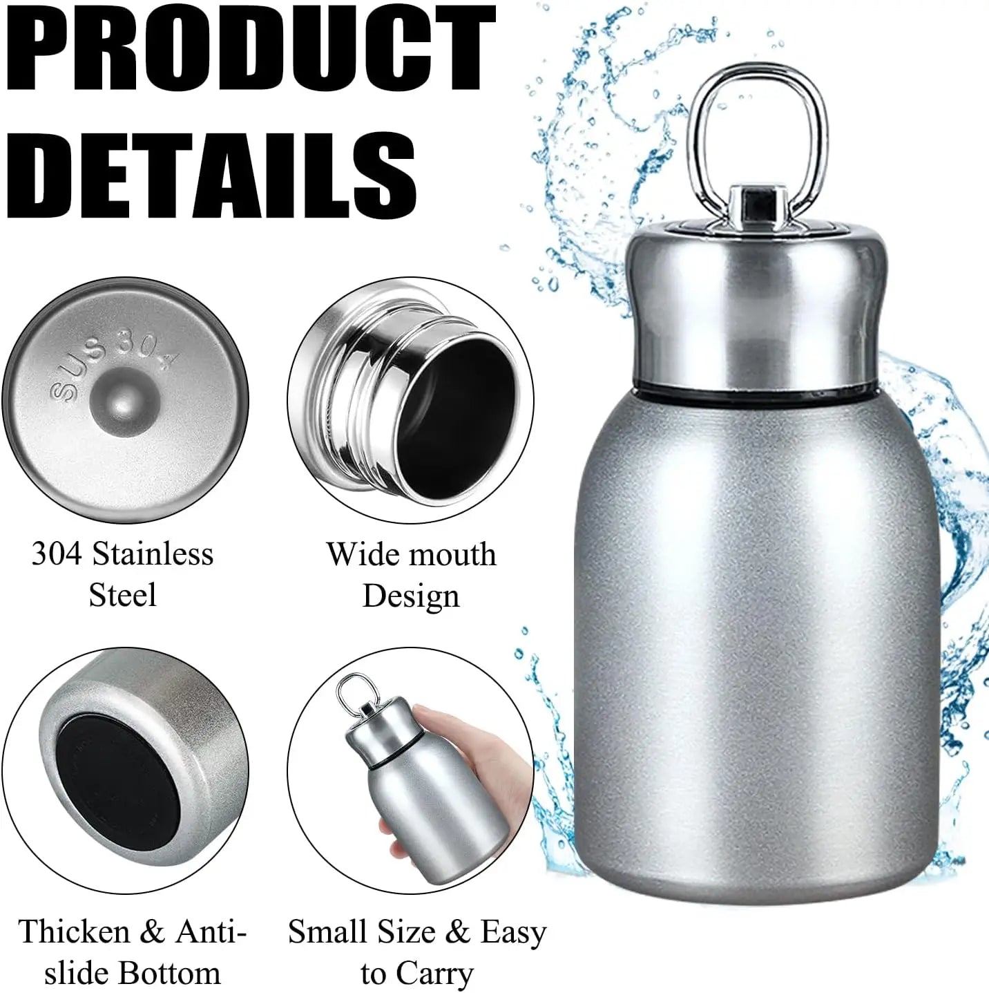 Stainless Steel Mini Vacuum Insulated Water Bottle for Hot and Cold Drinks Travel Coffee Cup 10.2 oz /300 ml
