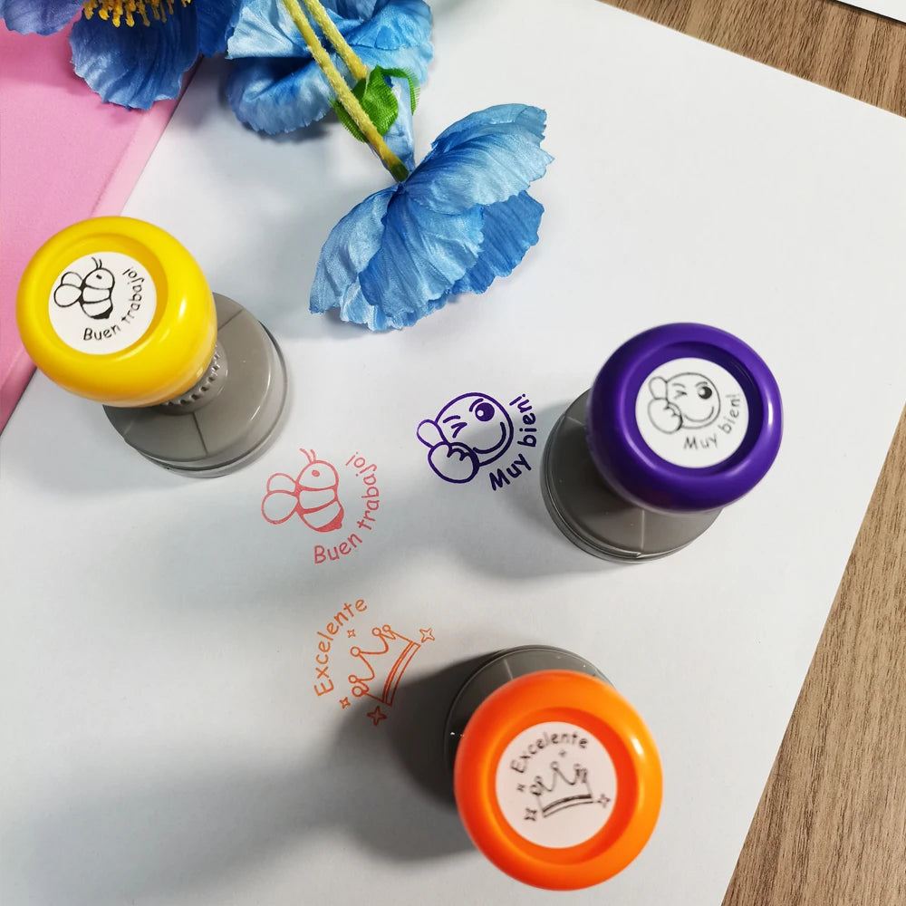 Color 3 pieces large Spanish encouragement stamp Teacher comment stamp grade homework with automatic ink can be re-filled