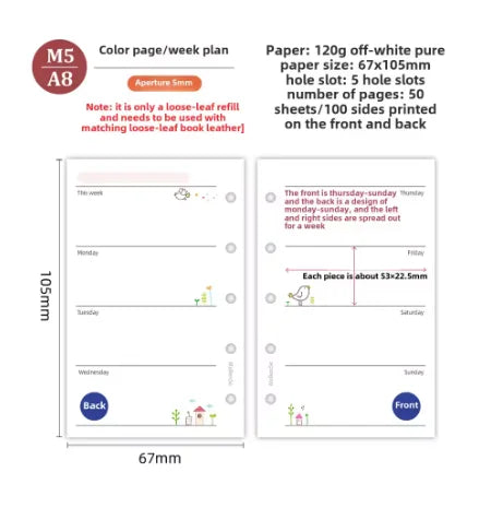 M5 20 Sheet Triple Fold Colorful Loose Leaf Notebook Refill Spiral Binder Inner Page Weekly Monthly To Do Line Grid Inside Paper