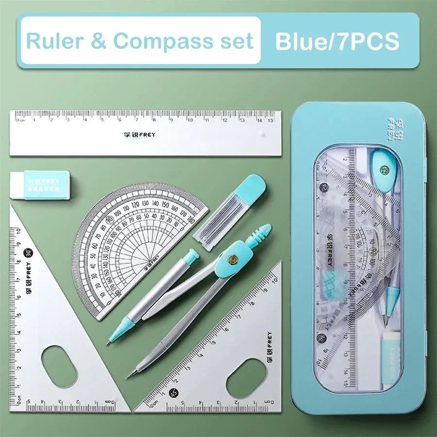 7-Pieces Plastic Geometry Drafting Kit for Students/Artists Lightweight PVC Drawing Tools with Ruler Protractor Office Supplies