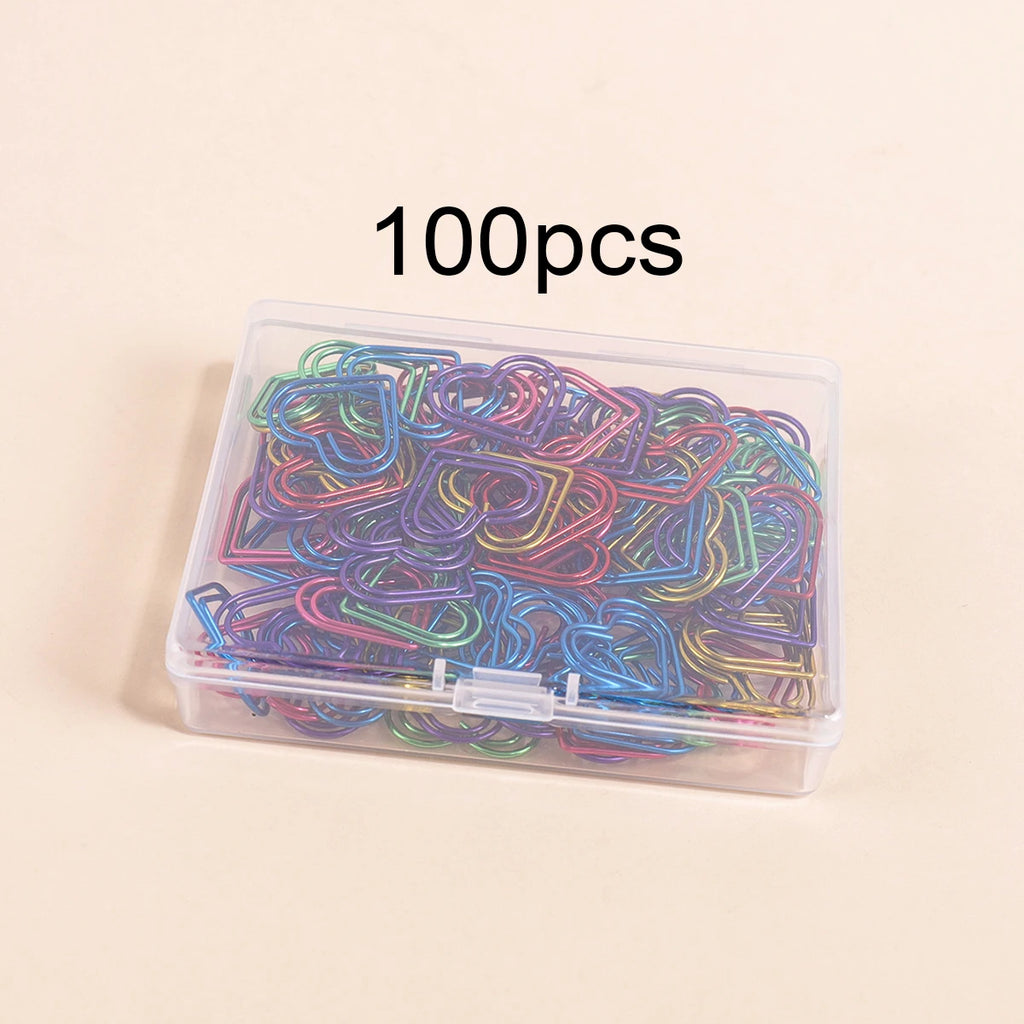 100 Heart-Shaped Metal Colorful Paper Clips, Note Card Bookmark Clips, Creative Office Supplies, Stationery Gifts for Friends