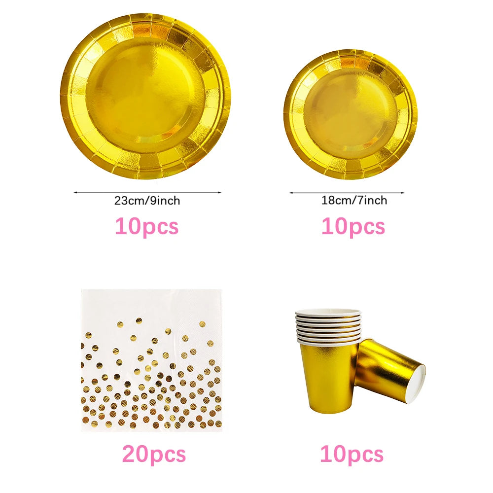 Gold Party Disposable Tableware Set Paper Plates Cups Napkins for Birthday Wedding Bachelorette Party Decoration Baby Shower