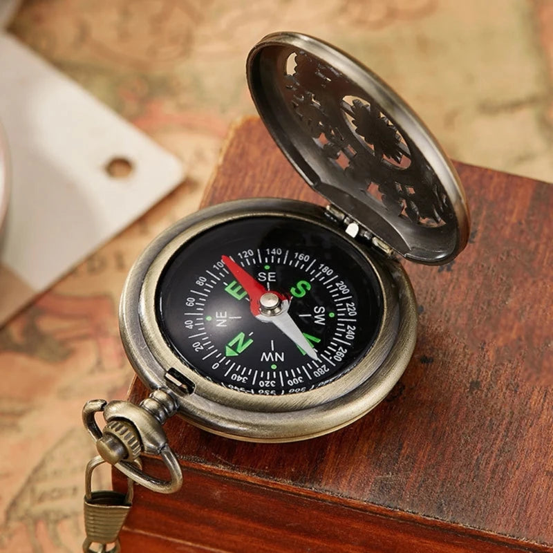 Multifunctional Pocket Watch Flip Open Survival Compass for Men Retro Hollow Out Pocket Watch Compass With Clasp Chain
