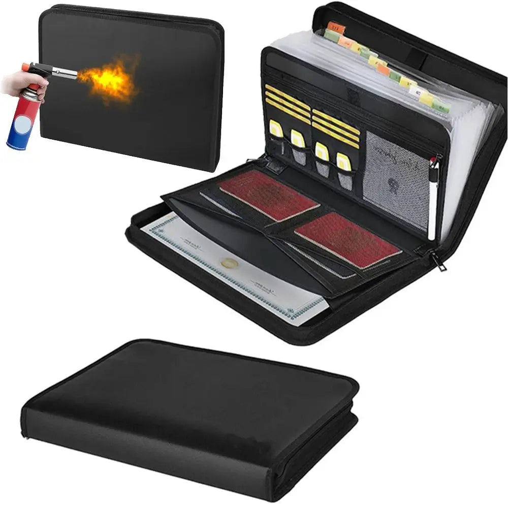 Fireproof Expanding File Folder Waterproof Multi Pockets Accordion File Organizer Space Saving Zipper Closure A4 Files Briefcase