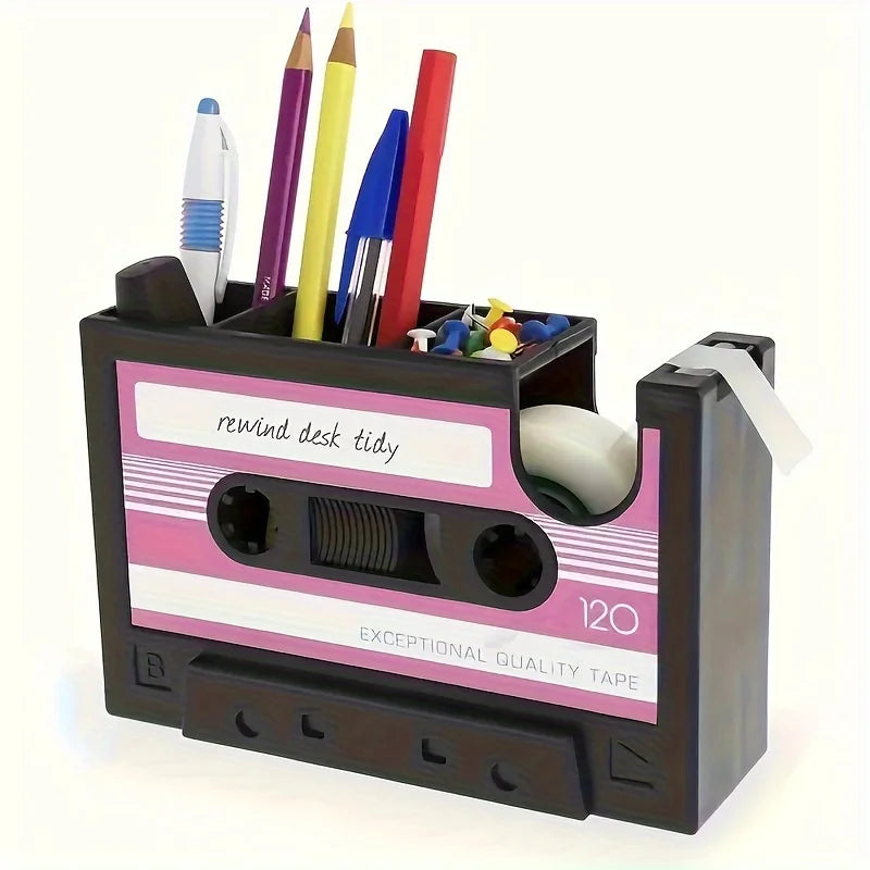 Retro Cassette Tape with Pen Holder 2 in 1 Vintage Desk Organizer for Office Home School Stationery Storage Tape Cutter Gifts