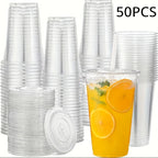 50pcs/Set 12/16OZ Plastic Cups With Lids Disposable Cups For Iced Coffee Smoothie Milkshake Cold Drinks Birthday Party Supplies