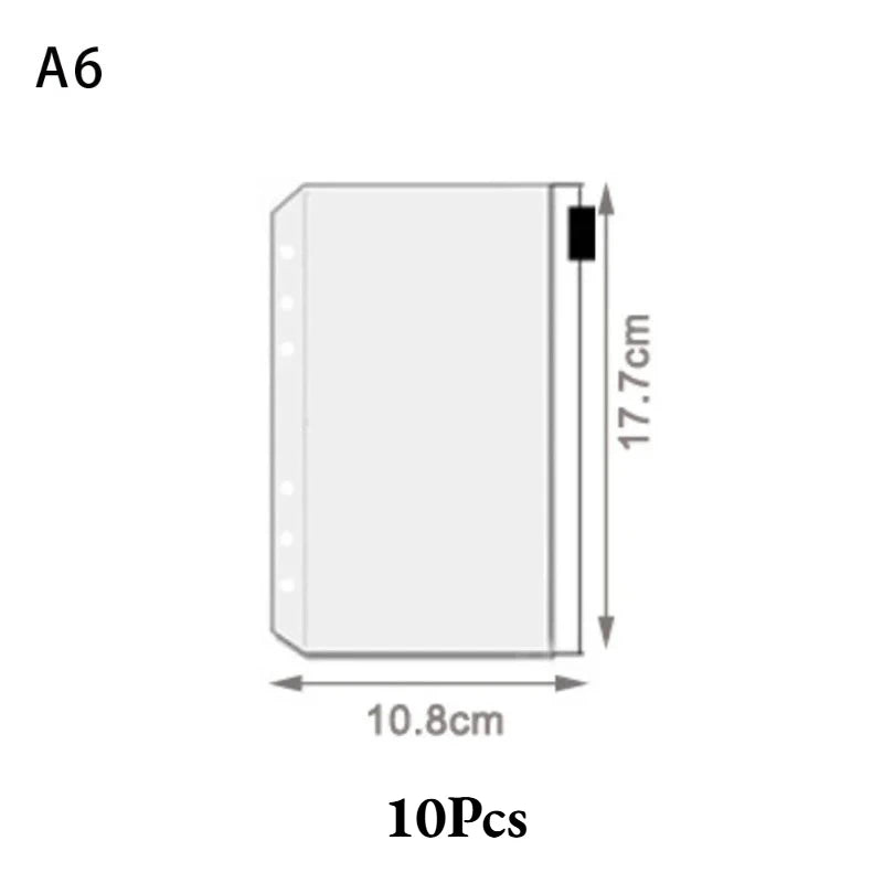 10Pcs A5 A6 A7 Binder Pockets Waterproof Zipper Pouch for 6 Ring Notebook Binder Clear Document Filing Bag Leaf Organizer Folder