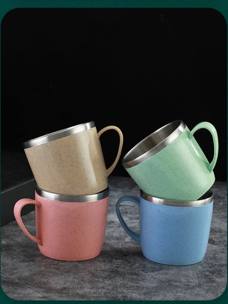 Double Layer Anti-scalding Stainless Steel Cups Plastic Handle Coffee Milk Mug Tea Drinks Water Cup for Home Office Tumbler