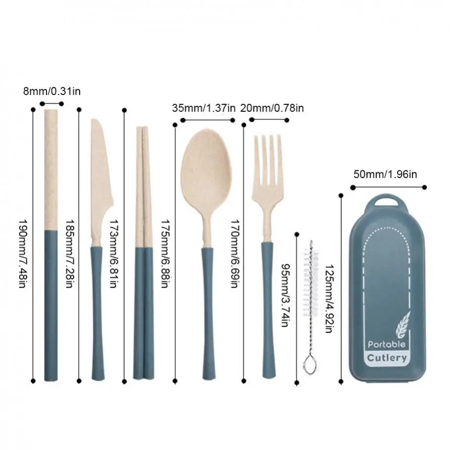 7pcs Food Grade Safe Detachable Portable Utensils Reusable Plastic Cutlery Set Box with Chopsticks Spoon Knife Fork Straw Brush
