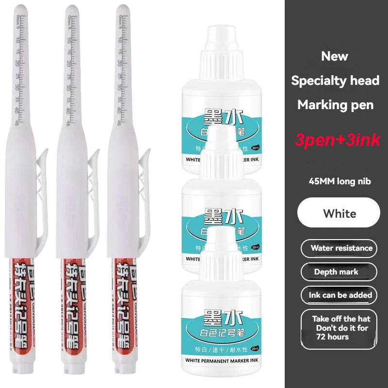 1-12 PCS 45mm Tip Waterproof Long Head Marker Pen Quick-Dry Ink for Woodworking Construction, Deep Hole White Black Red Blue