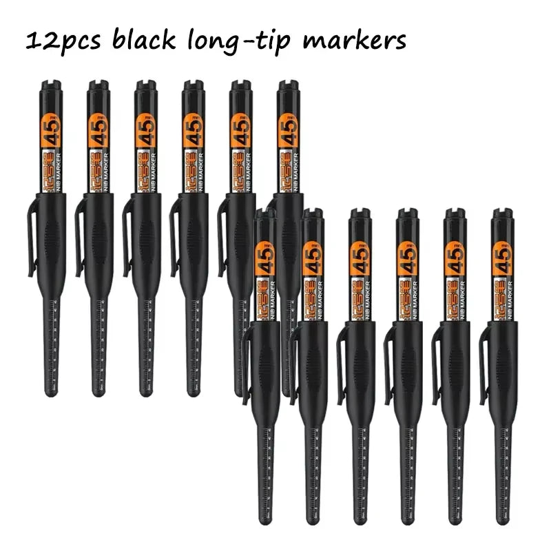 12Pcs Multi-Purpose 45mm Deep Drill Hole Long Nib Waterproof Marker Pens for Bathroom Woodworking Long Head Carpenter Pen White