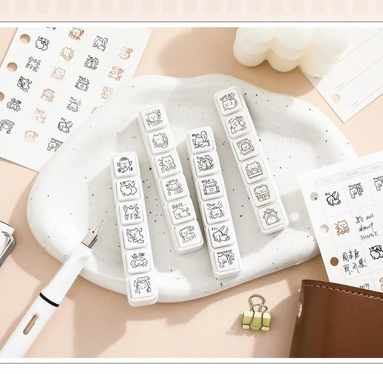 Cute Cat Emoji Stamp Daily Life Work Good Mood Series Cartoon Mini Pattern Stamps for Journaling Planner Diy Scrapbooking Decor