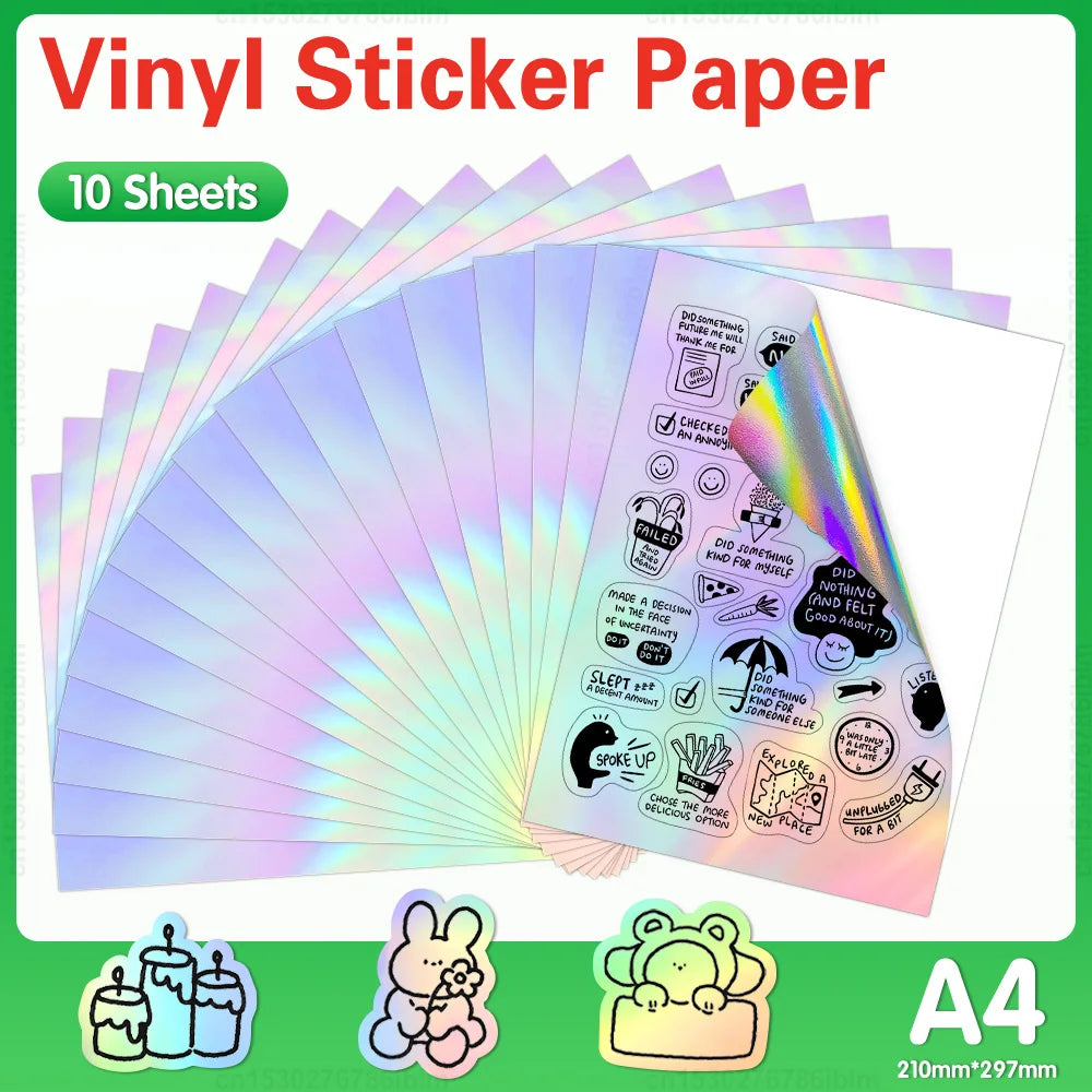 10 Sheets Printable Vinyl Sticker Paper Self-adhesive A4 Copy Paper DIY Holographic Transparent White Labels for Inkjet Printer
