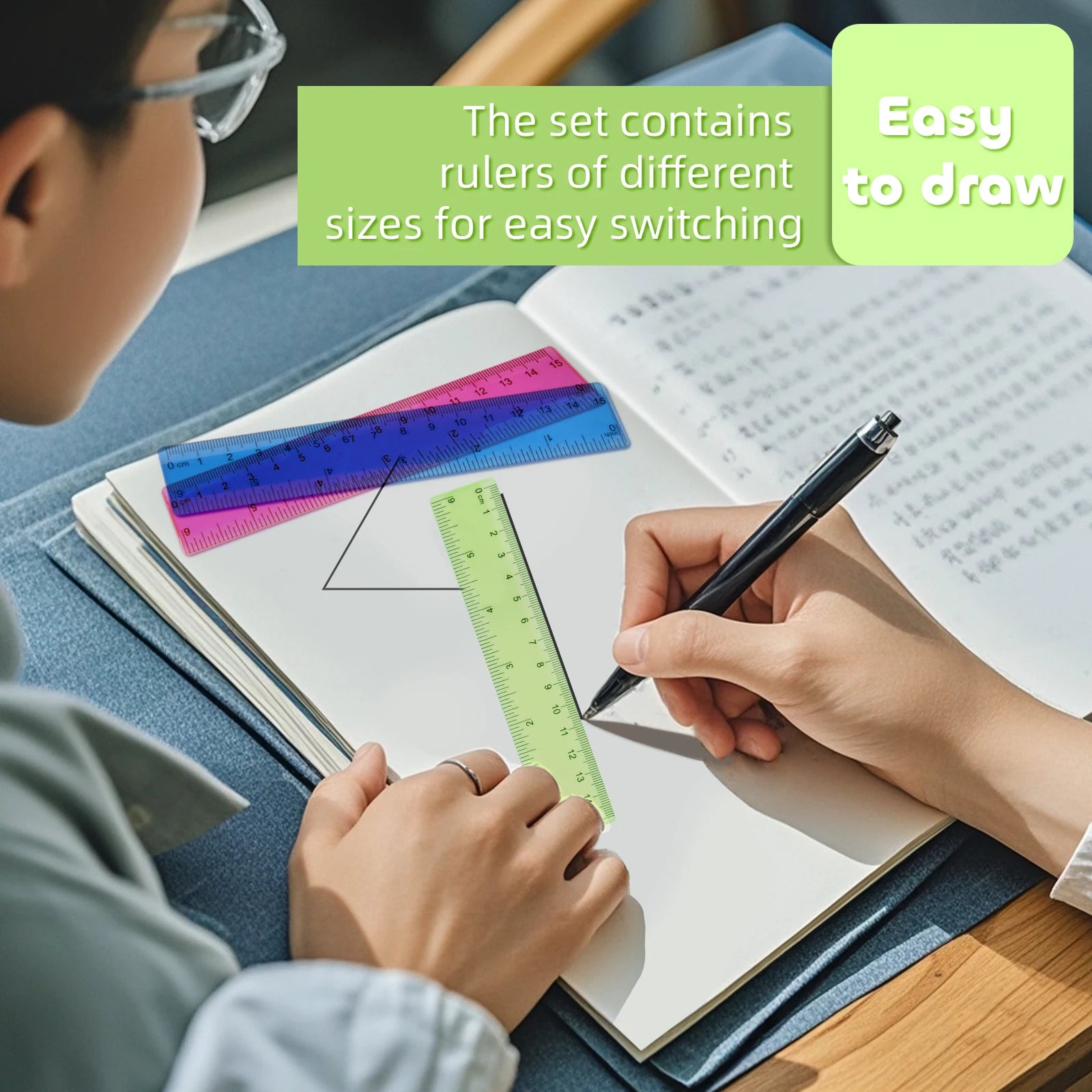 30cm Ruler Set - 6-Piece Measuring and Drawing Kit with Straight Ruler, Protractor, and Triangle Set
