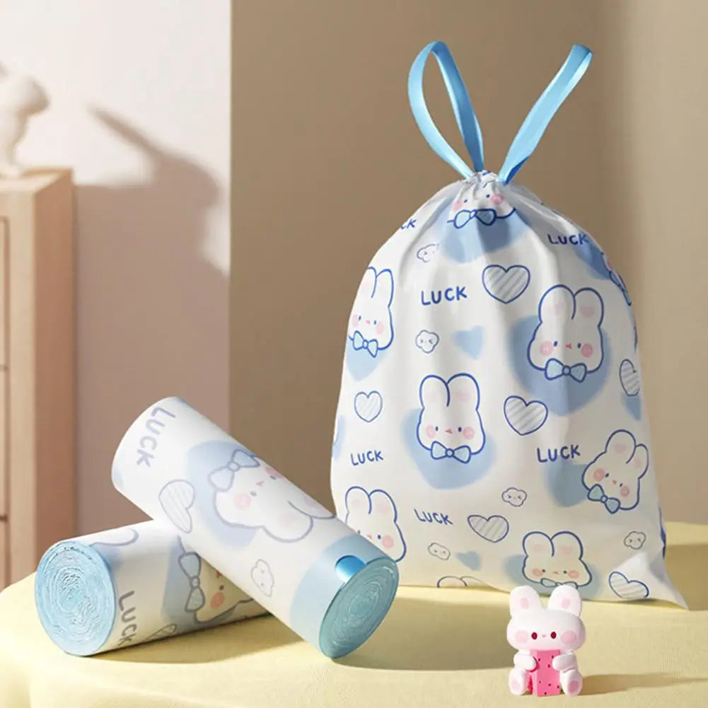 1 roll 100pcs blue rabbit garbage bag Portable Printed Thickened Garbage Bags, Stylish Blue Heart & Rabbit Drawstring Trash Bags