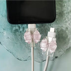 2Pcs Lovely Pink Bow Silicone Charger Cable Protector Sleeve Cable Holder Clip Anti-break Transparent Cord Cover Wrap