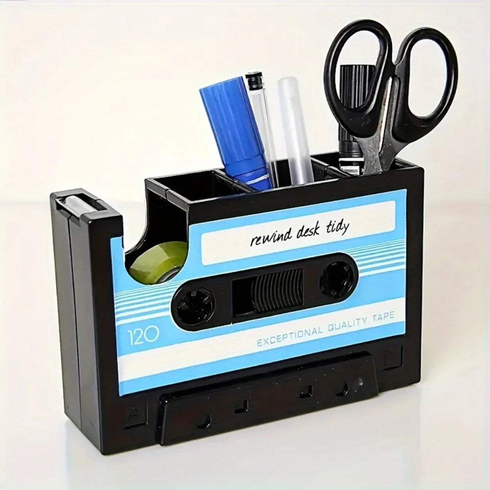 Retro Cassette Tape with Pen Holder 2 in 1 Vintage Desk Organizer for Office Home School Stationery Storage Tape Cutter Gifts