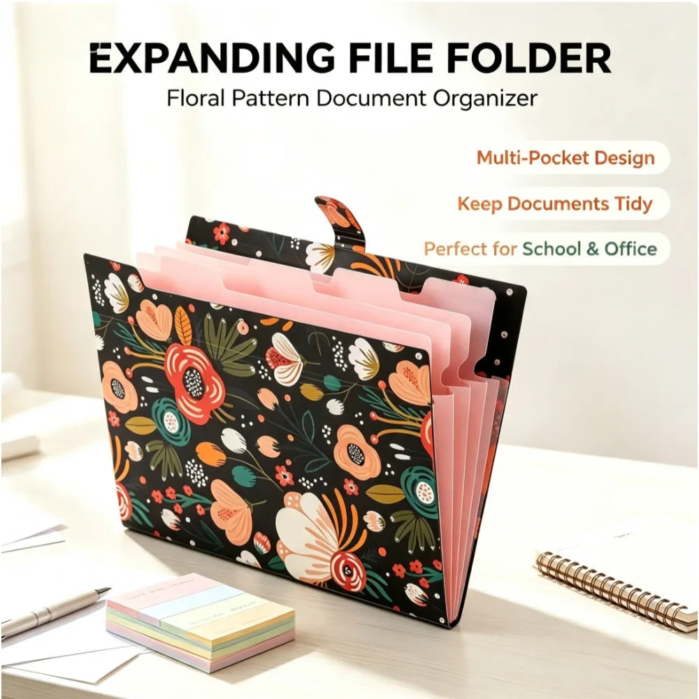 Expanding File Folder with 5 Pockets Floral Accordion Organizer for Important Documents Receipts Portable School Office Supplies Black