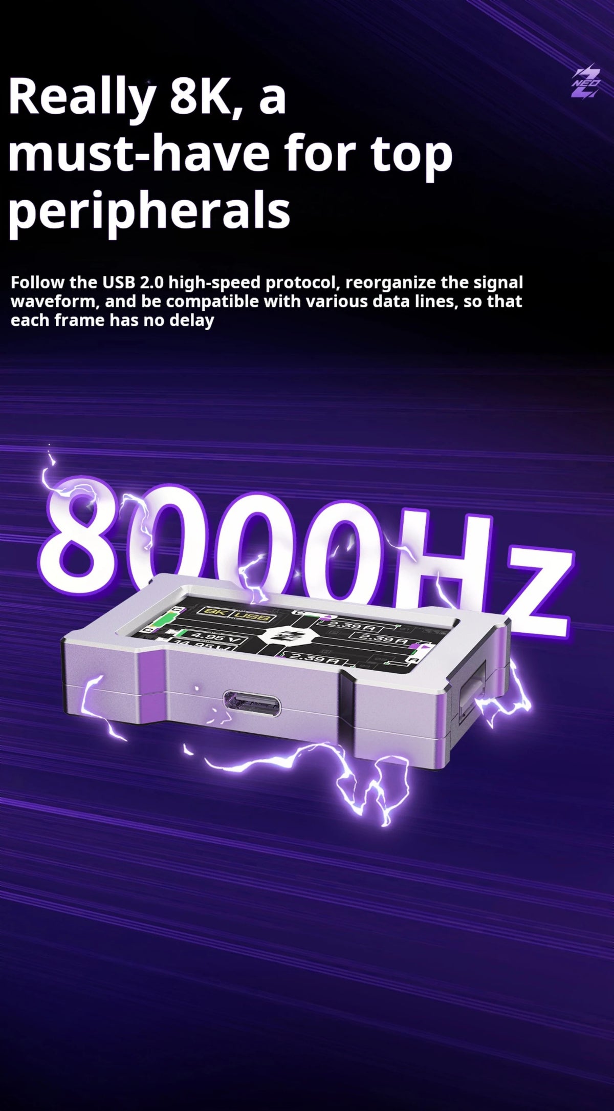 HMLAB ZNEO Gaming USB Hub - 2-to-3 Port, 8K Hz, Independent Power, With Screen, Trendy for Gaming Ambience Desk Setup