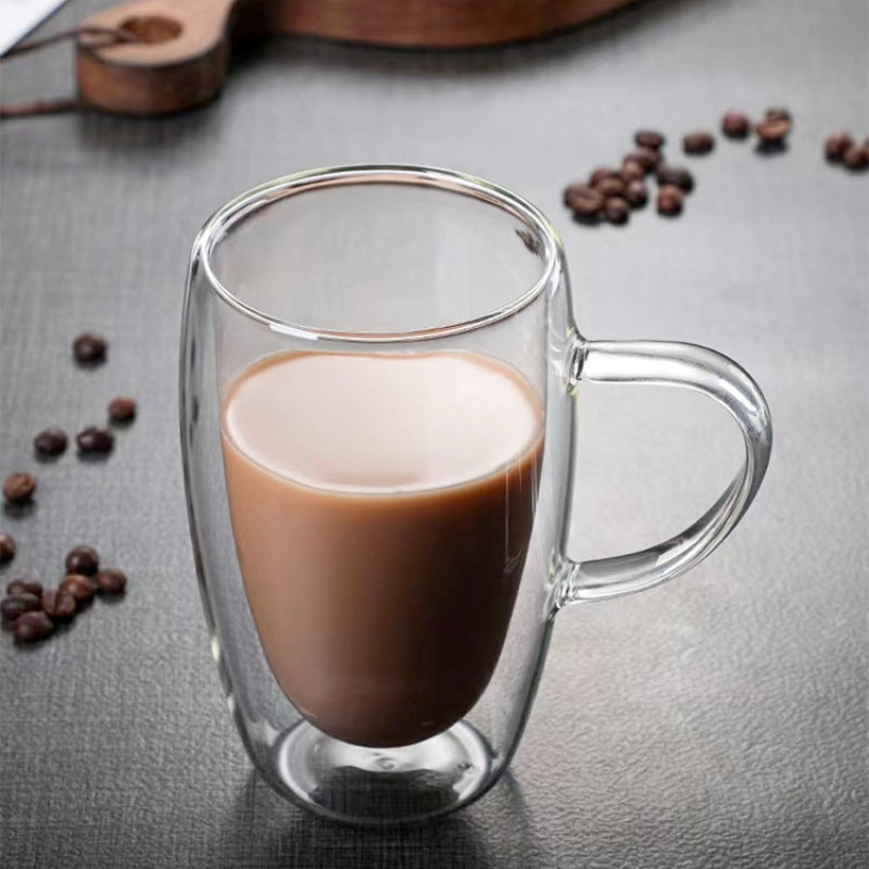 Double Layer Transparent Glass Cup High Borosilicate Glass Juice Milk Heat-Resistant Coffee Cup Round Egg Shape with Handle