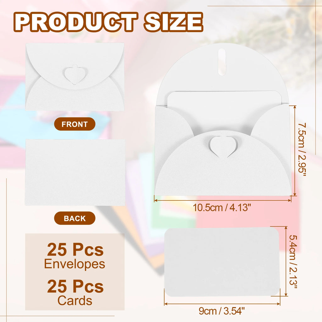 25Sets Mini Envelopes with Heart Clasp 9x5.4cm Blank Note Cards with 10.5x7.5cm Envelopes for Gift Wedding Invitation Graduation