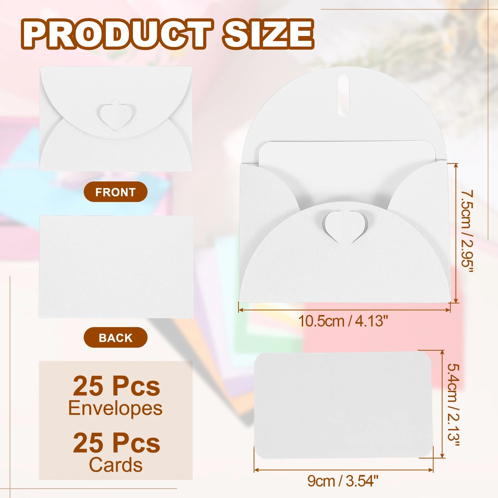 25Sets Mini Envelopes with Heart Clasp 9x5.4cm Blank Note Cards with 10.5x7.5cm Envelopes for Gift Wedding Invitation Graduation