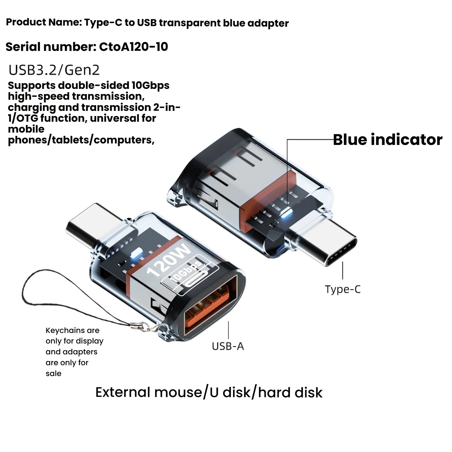 Type C Adapte USB 3.2  OTG Fast Charging 120W 10GB High Speed Data Audio Transfer For PC Tablet