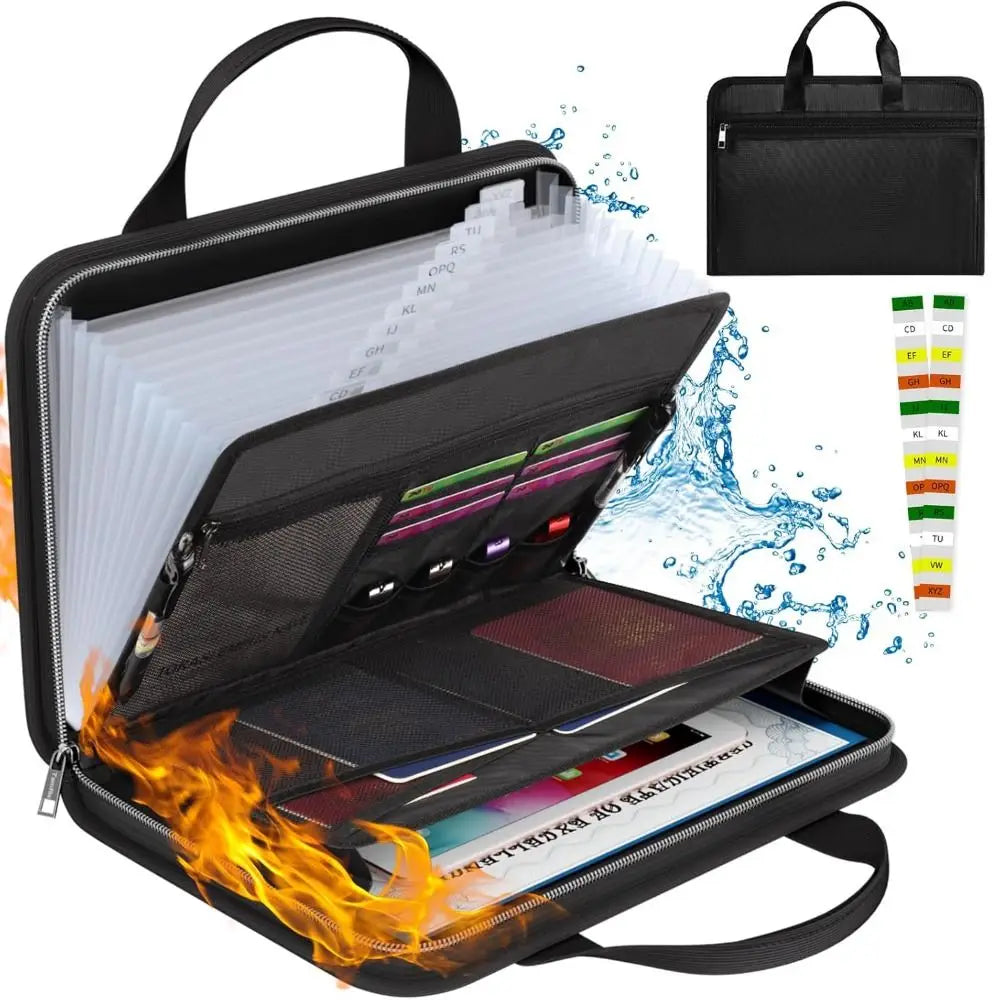13 Pockets Accordion File Organizer Fireproof Portable Document Bag with Zipper & Labels Expanding File Folder
