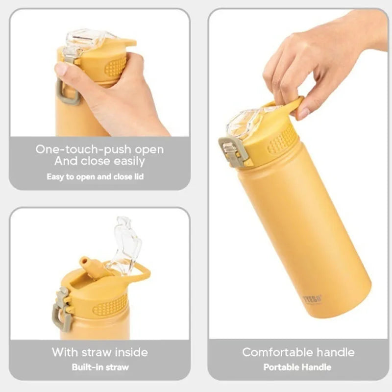 TYESO 600/750ML Thermos Bottle With Straw Stainless Steel Car Thermal Cup Sports Water Bottles Keeps Cold and Heat Thermal Mug