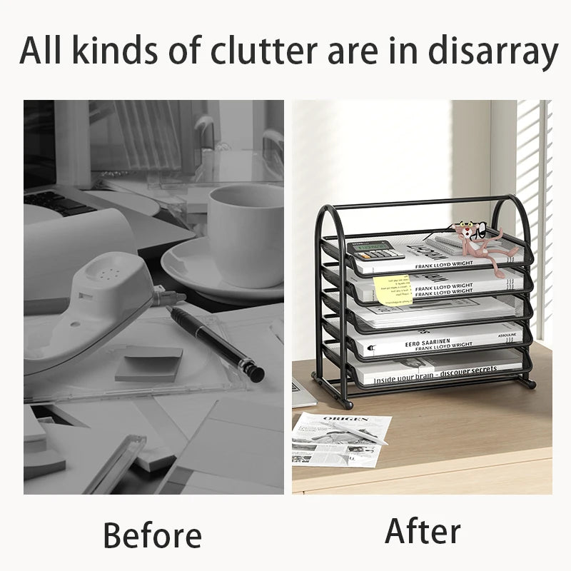 Sliding Paper Tray Organizer Metal Mesh Desktop File Storage Rack Document Letter Holder for Office Home School Classroom