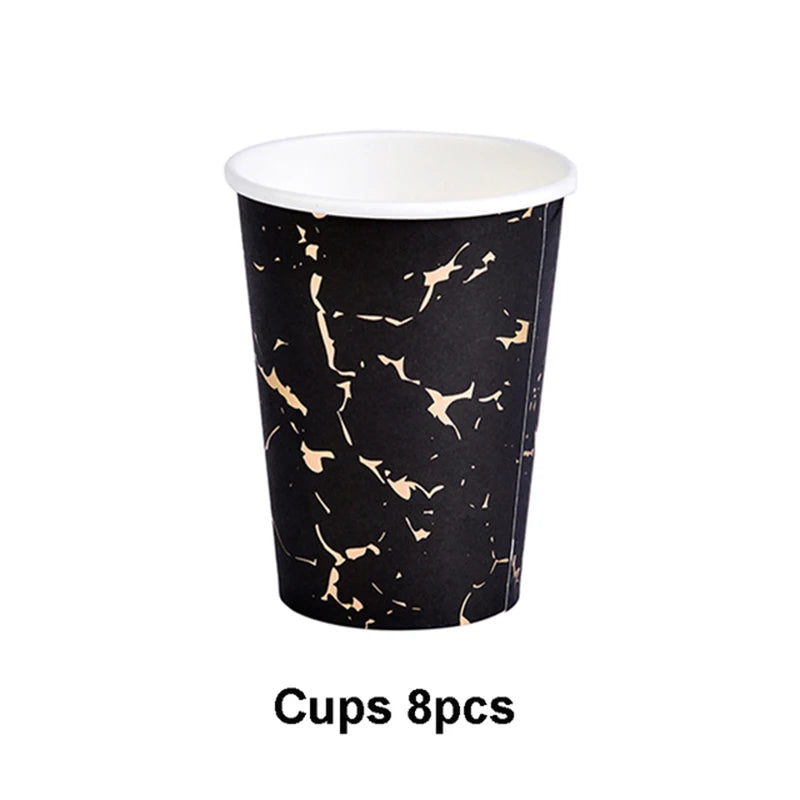 Black Series Gold Blocking Disposable Tableware Party Paper Plates Napkins Cups Straws Birthday Party Wedding New Year Decor