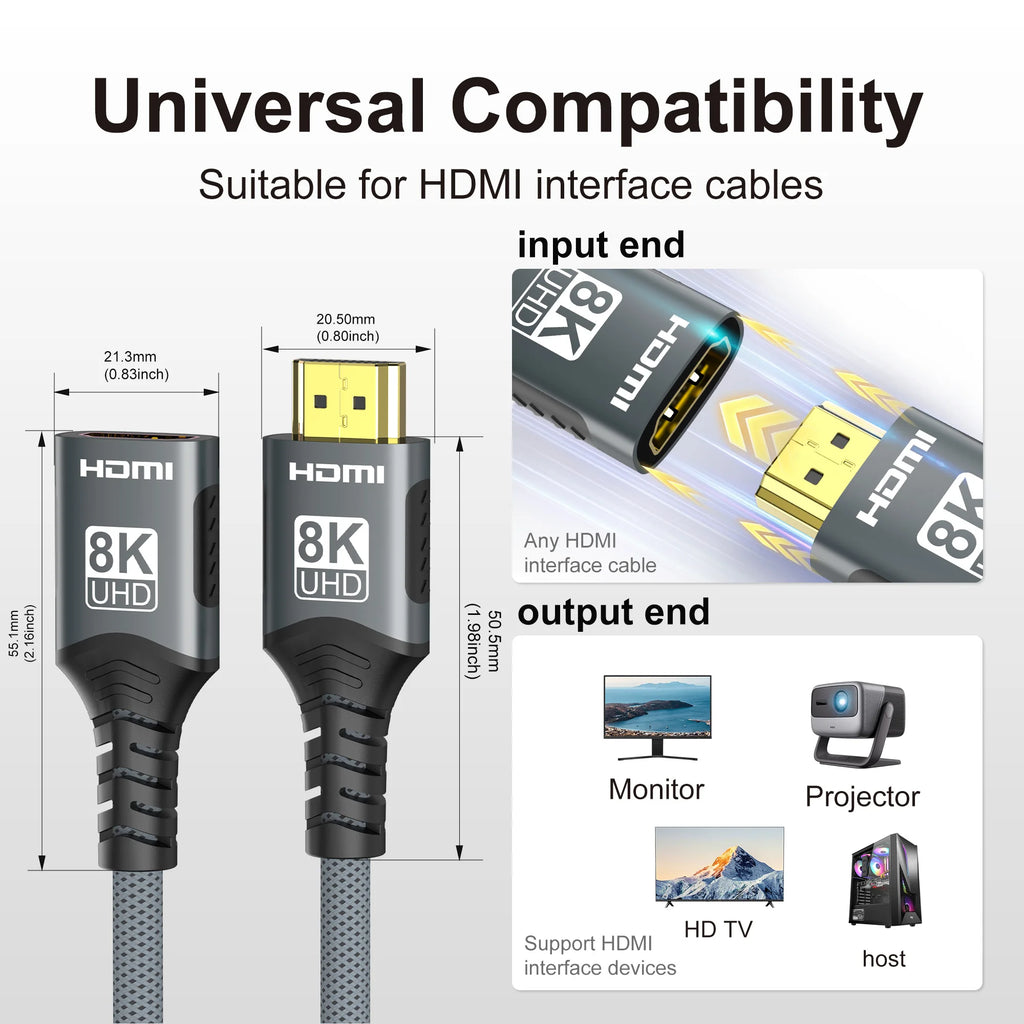 HDMI-compatible Extension Cable 1m 2m Male To Female 8K 60Hz 4K 120Hz HDMI2.1 Extender Cord Connector for PC TV Projector