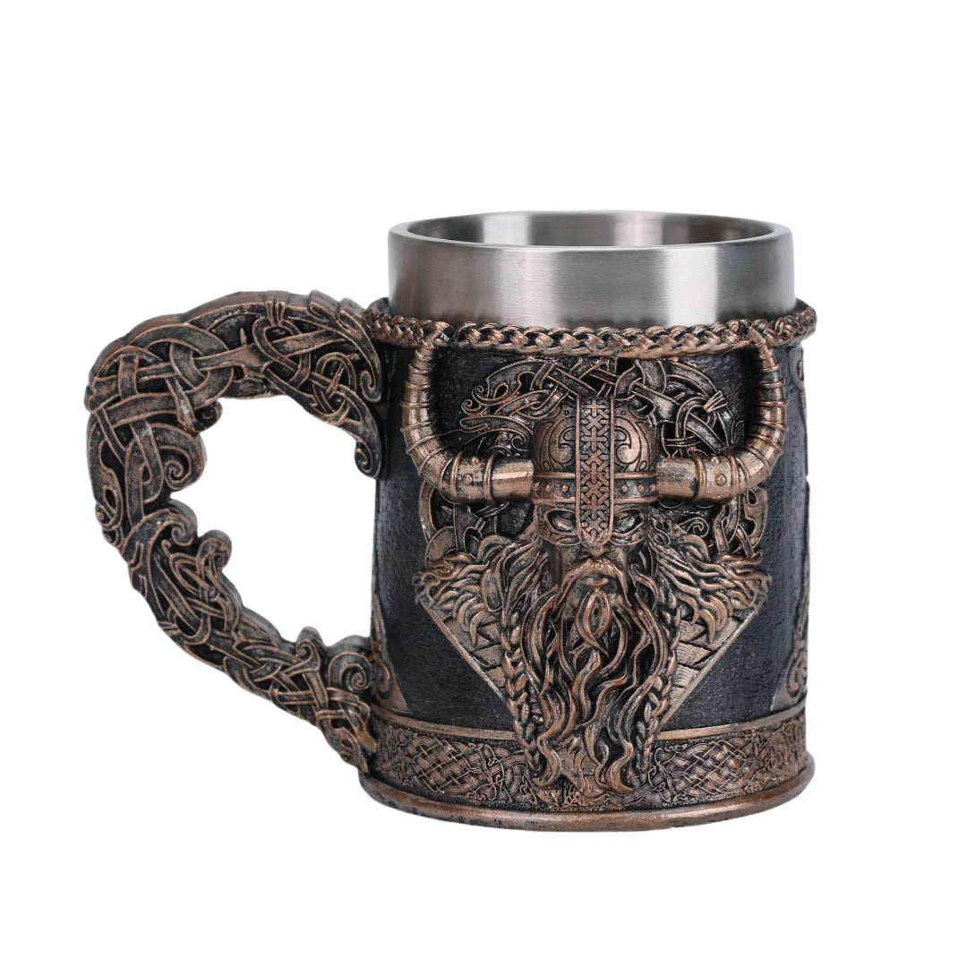 Valhalla Viking Stainless Steel Nordic Viking Barrel Dragon Boat Warrior Horn Skull Beer Mug Tankard Stein Cup 400 ML