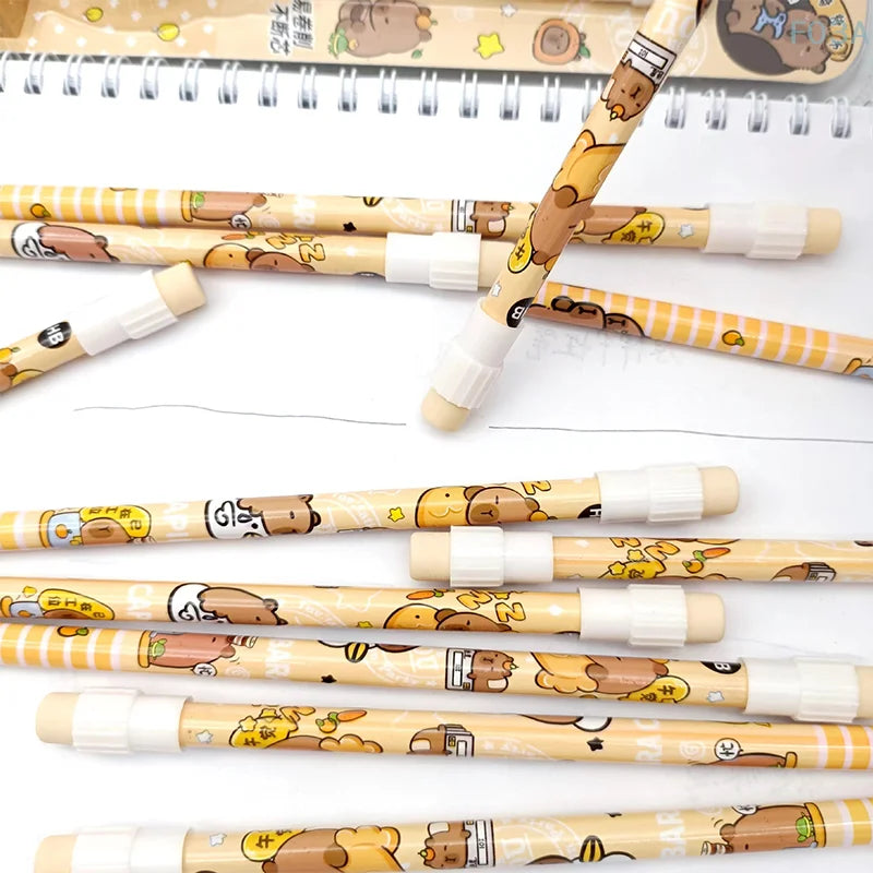 12pcs Cute Cartoon Capybara HB Pencils Stationery Set With Pencil Sharpener School Students Stationery Gift