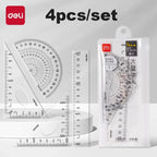 Deli 4Pcs Student Ruler Set Transparent Plastic Straight Ruler Triangle Protractor for Kids School Office Home Supplies