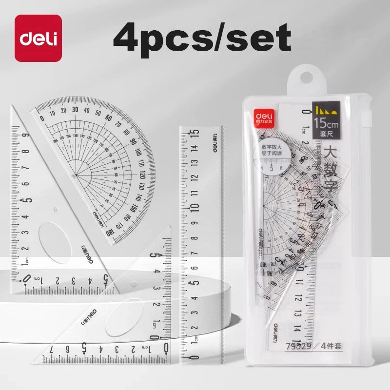 Deli 4Pcs Student Ruler Set Transparent Plastic Straight Ruler Triangle Protractor for Kids School Office Home Supplies