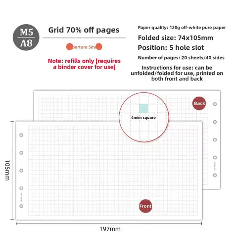M5 20 Sheet Triple Fold Colorful Loose Leaf Notebook Refill Spiral Binder Inner Page Weekly Monthly To Do Line Grid Inside Paper