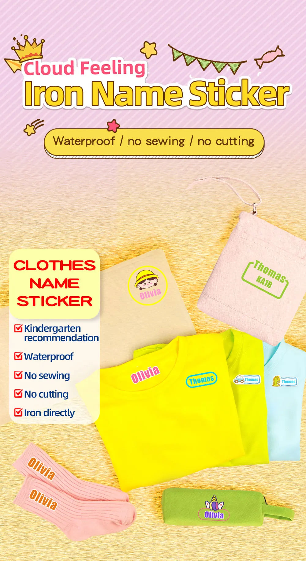 Custom Heat Transfers Name Sticker Personalized Washable Clothes Ironing Stickers Iron-on Labels Fabric Clothing Babysuit Tags