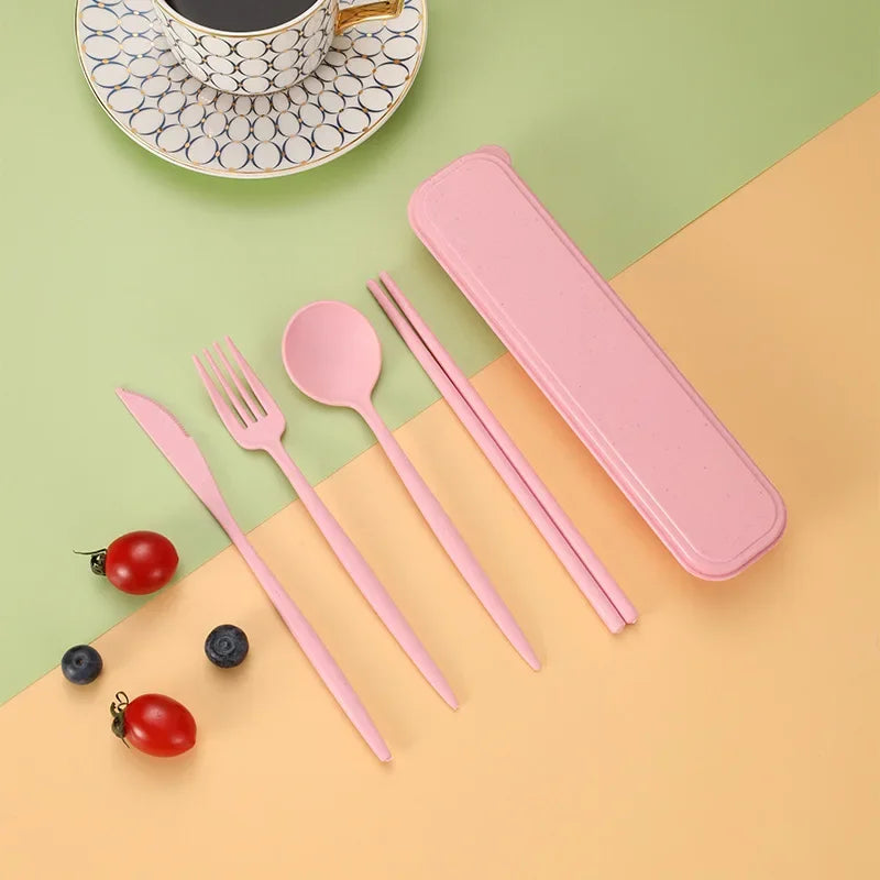 4PCS/Set Wheat Straw Tableware Box Spoon Fork Chopsticks Cutlery Dinnerware Children Adult Travel Portable Kitchen Accessories