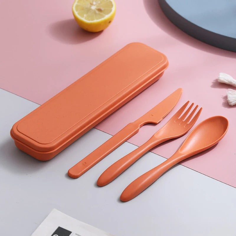 3In1 Wheat Straw Dinnerware Set Portable Reusable Cutlery Sets Knife Fork Spoon Chopsticks Travel Utensil Box Camping Tableware