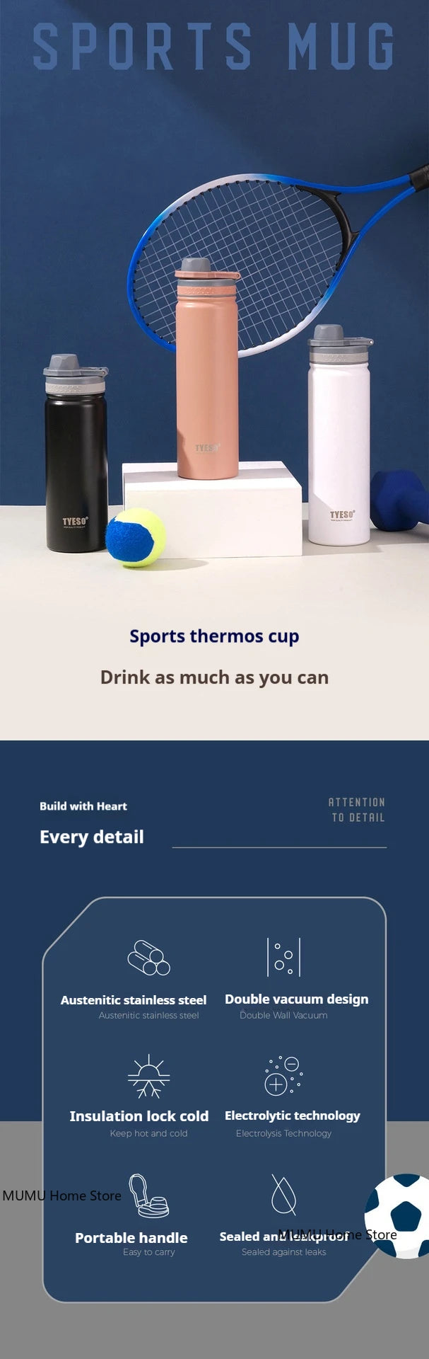 TYESO 600/750ML Thermos Bottle Stainless Steel Vacuum Flask Travel Cup Insulated Water Bottle Sport Thermal Mug Hot & Cold Mug