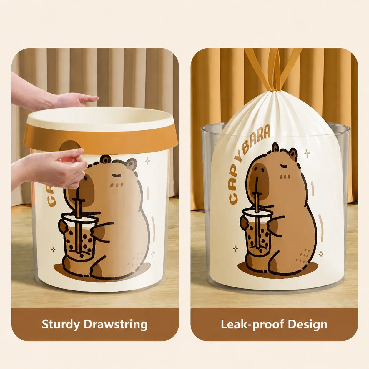 1 Roll 45x45cm 50Pcs Printed Tear-Free Drawstring Trash Bags Disposable Garbage Bags